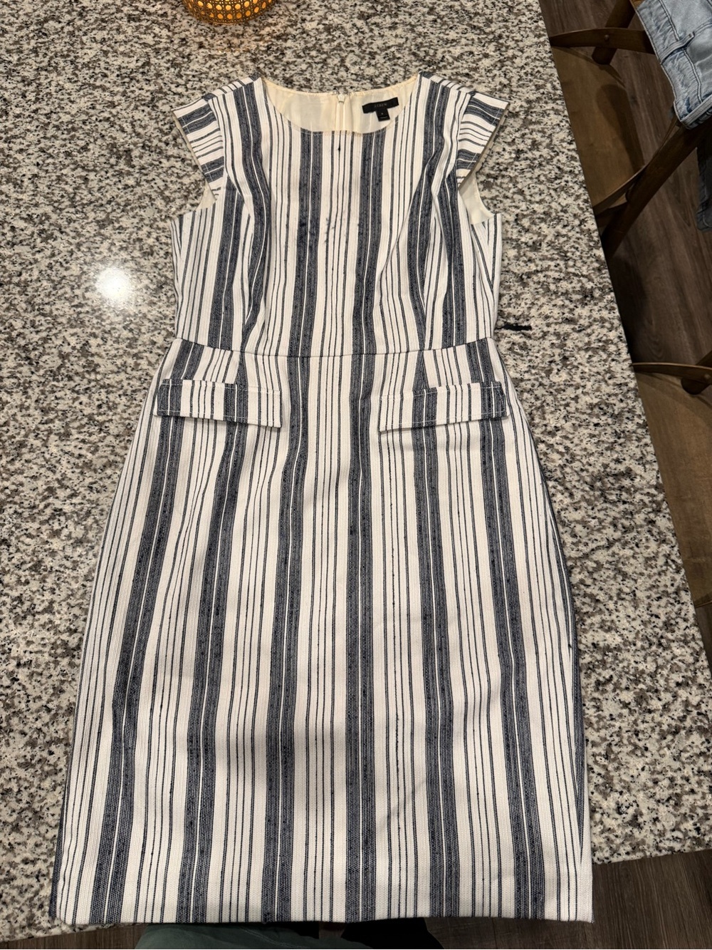 J. Crew Navy and White Vertical Stripe Midi Sheath Dress